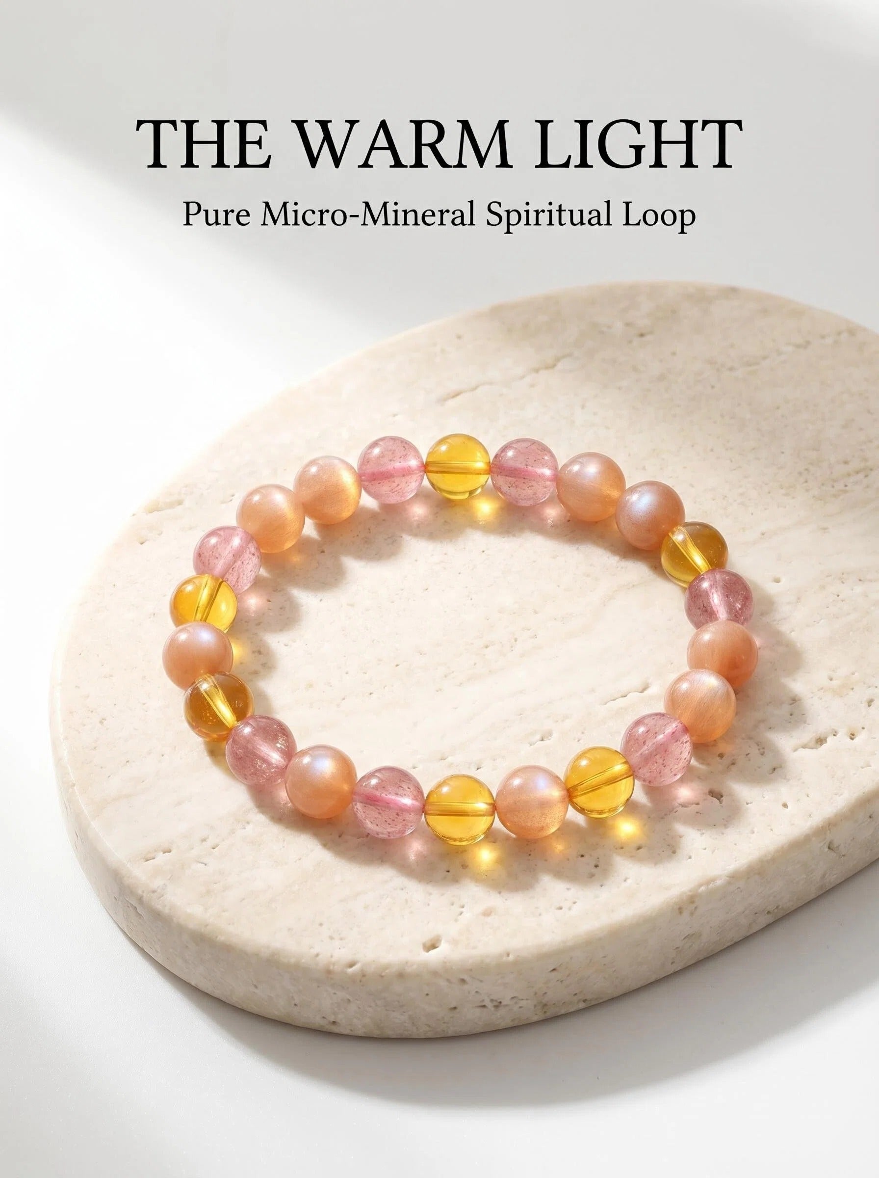 The Warm Light crystal bracelet with strawberry quartz
orange moonstone and amber beads,
emotional nourishment healing bracelet
on warm cream linen surface