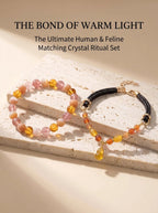 Warm Light matching set human crystal bracelet
and pet collar with strawberry quartz orange moonstone
and amber beads on warm cream surface,
human and pet matching crystal jewelry