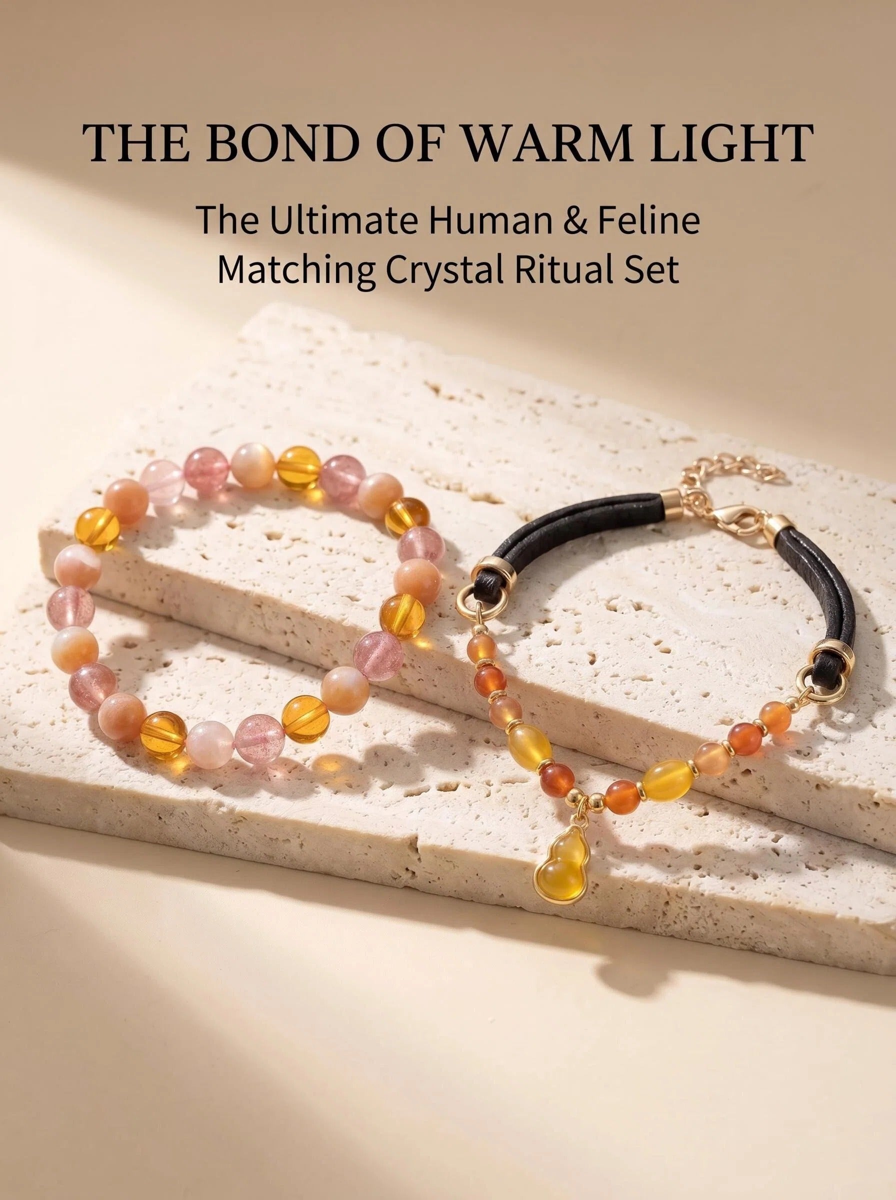 Warm Light matching set human crystal bracelet
and pet collar with strawberry quartz orange moonstone
and amber beads on warm cream surface,
human and pet matching crystal jewelry