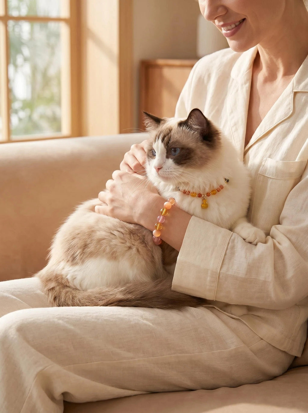 Woman's wrist wearing Warm Light bracelet
with small cat or dog wearing matching crystal collar,
human and pet matching crystal set warm lifestyle photography