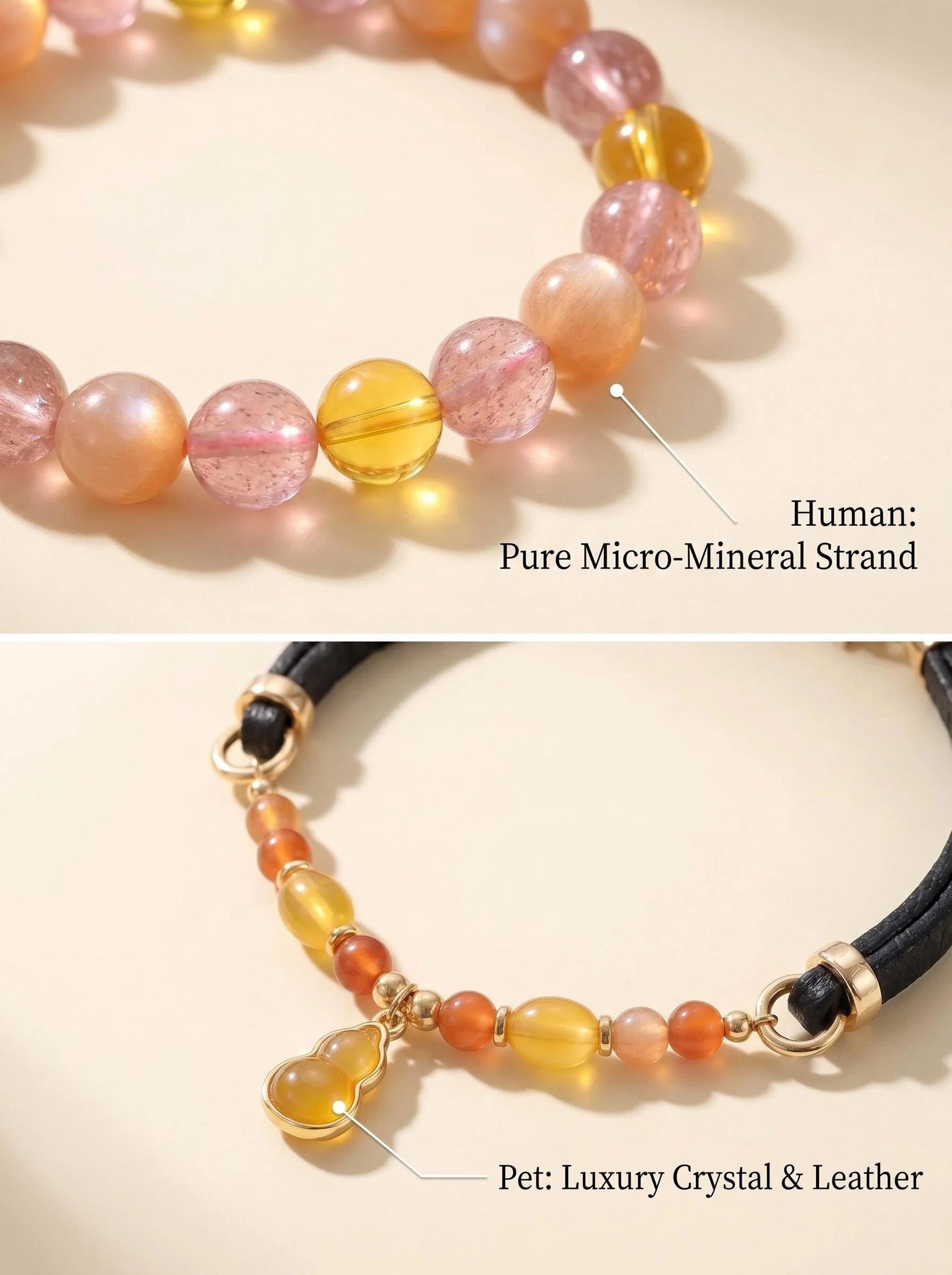 Warm Light bracelet and pet collar side by side
showing matching strawberry quartz amber
and orange moonstone beads,
same 3 stones same emotional warmth energy