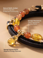 Macro close-up of amber orange moonstone
and strawberry quartz beads on Warm Light pet collar,
rose gold clasp and extension chain detail,
luxury crystal cat and small dog jewelry