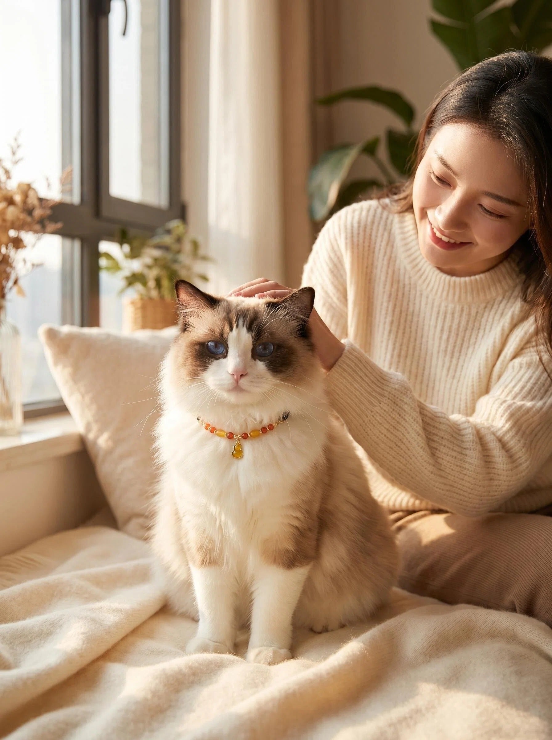 Small fluffy cat or small dog wearing
Warm Light crystal collar with strawberry quartz
and amber beads,
soft warm light cozy home lifestyle photography